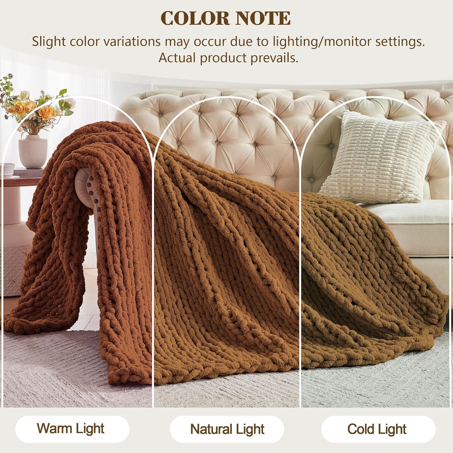 Carriediosa Chunky Knit Throw Blanket 50" X 60", 100% Hand Made Large Chenille Loop Yarn Soft Fluffy Throws for Couch Sofa Bed, Big Crochet Cozy Heavy Thick Cable Woven Blanket, Light Brown