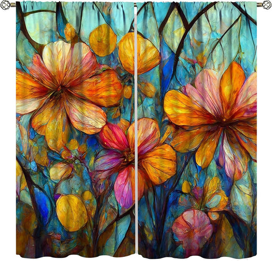 Stained Glass Curtains,Magic Forest Colorful Flowers Abstract Art Home Decor Drapes for Bedroom Living Room Kitchen Window Treatment 2 Panels Set Total Size 63" W X 72" L Inch