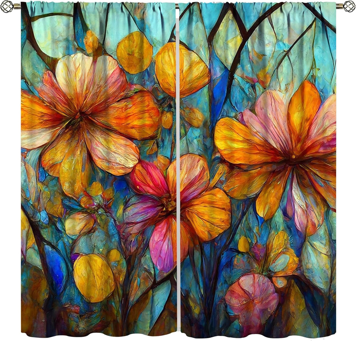 Stained Glass Curtains,Magic Forest Colorful Flowers Abstract Art Home Decor Drapes for Bedroom Living Room Kitchen Window Treatment 2 Panels Set Total Size 42" W X 63" L Inch