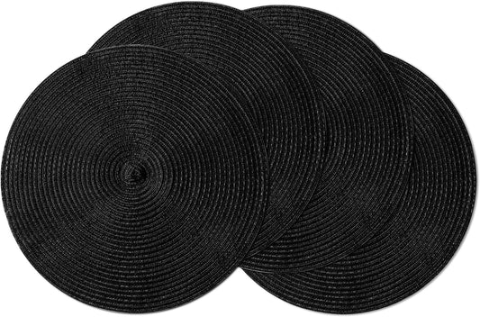 Leetaltree Round Placemats Heat and Slip Resistant Cotton Table Mats, Washable Bohemian Placemats for Dining Tables (Black, Set of 4)