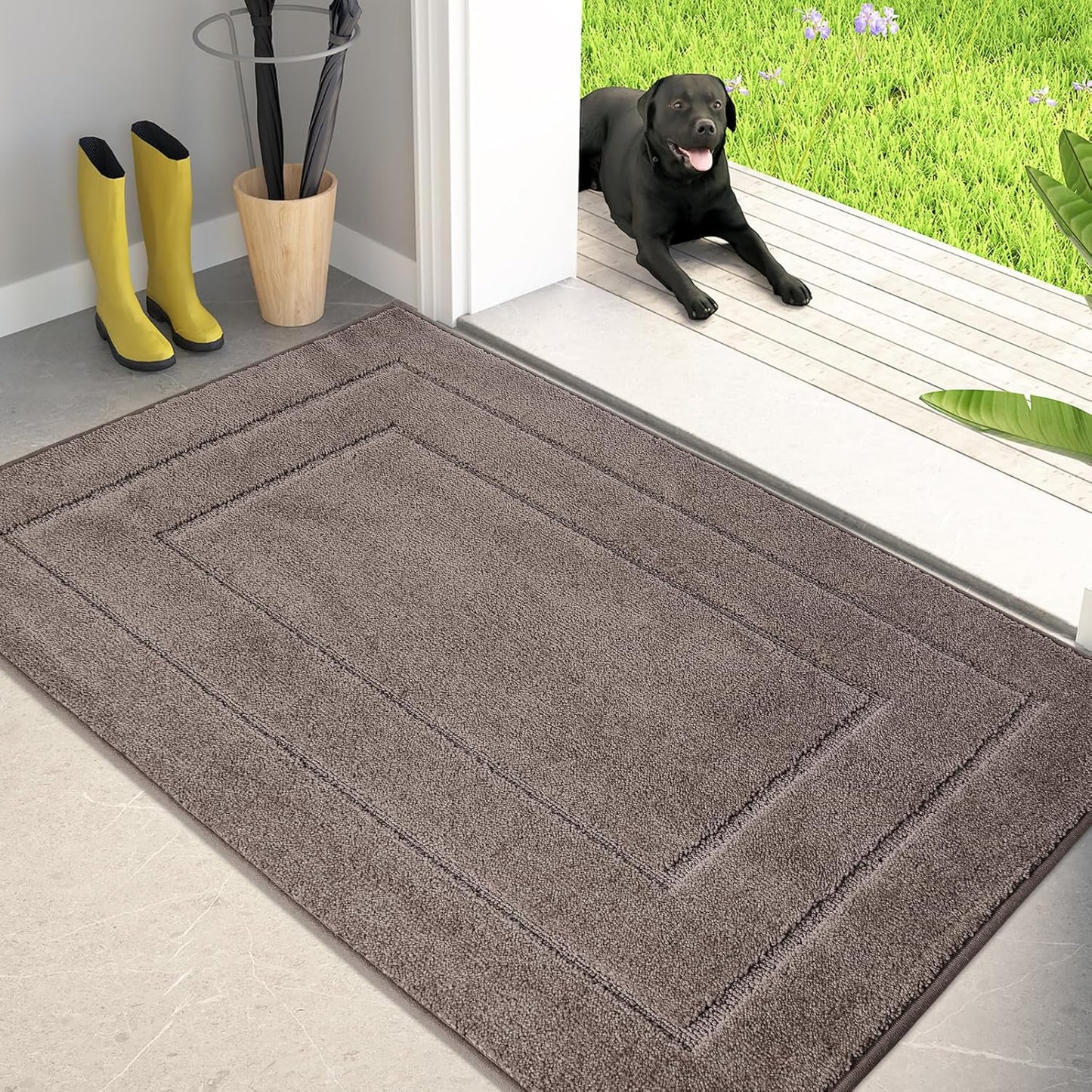 PURRUGS Dirt Trapping Door Mat 34" x 59", Non-Slip/Skid Machine Washable Entryway Area Rug, Dog Doormat, Super Absorbent Welcome Mat for Muddy Wet Shoes and Paws, Grayish Brown