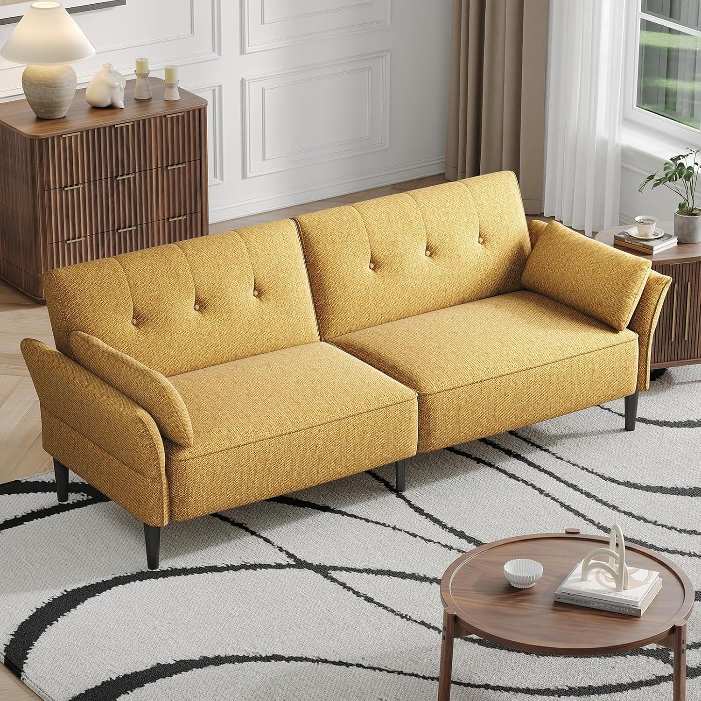 89” Futon Sofa Bed, Linen Comfy Futon Couch Bed with 2 Square Pillows, Convertible Sleeper Sofa with Adjustable Backrest& Armrests, Modern Loveseat Sleeper for Living Room, Bedroom, Yellow