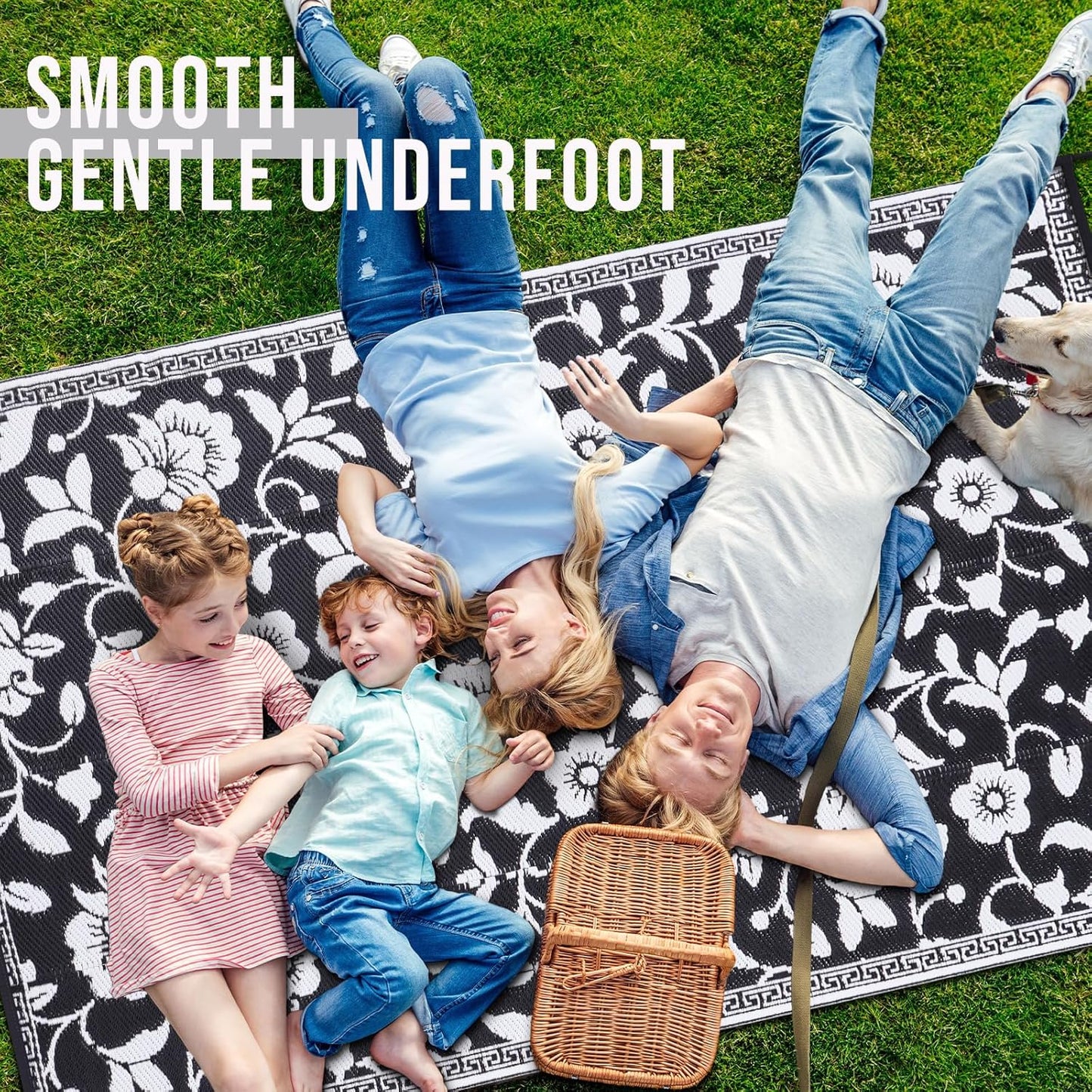 OLANLY Waterproof Outdoor Rug 8x10 ft, Outdoor Plastic Straw Rug with Flower Pattern, Reversible RV Mat for Patio, Camping, Balcony, Deck, Backyard, Black & White