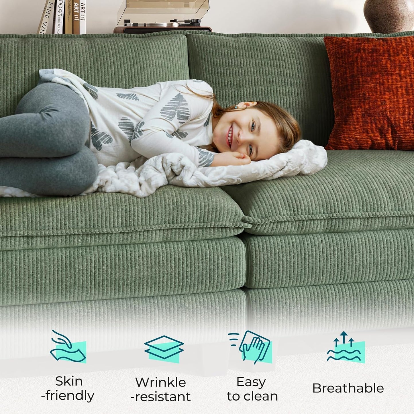 LINSY HOME Modular Sectional Sofa - 157'' Oversized Corduroy Cloud Couch U Shaped Couch with Movable Ottoman Soft Modern Comfy Sofa for Living Room Apartment Office, Green