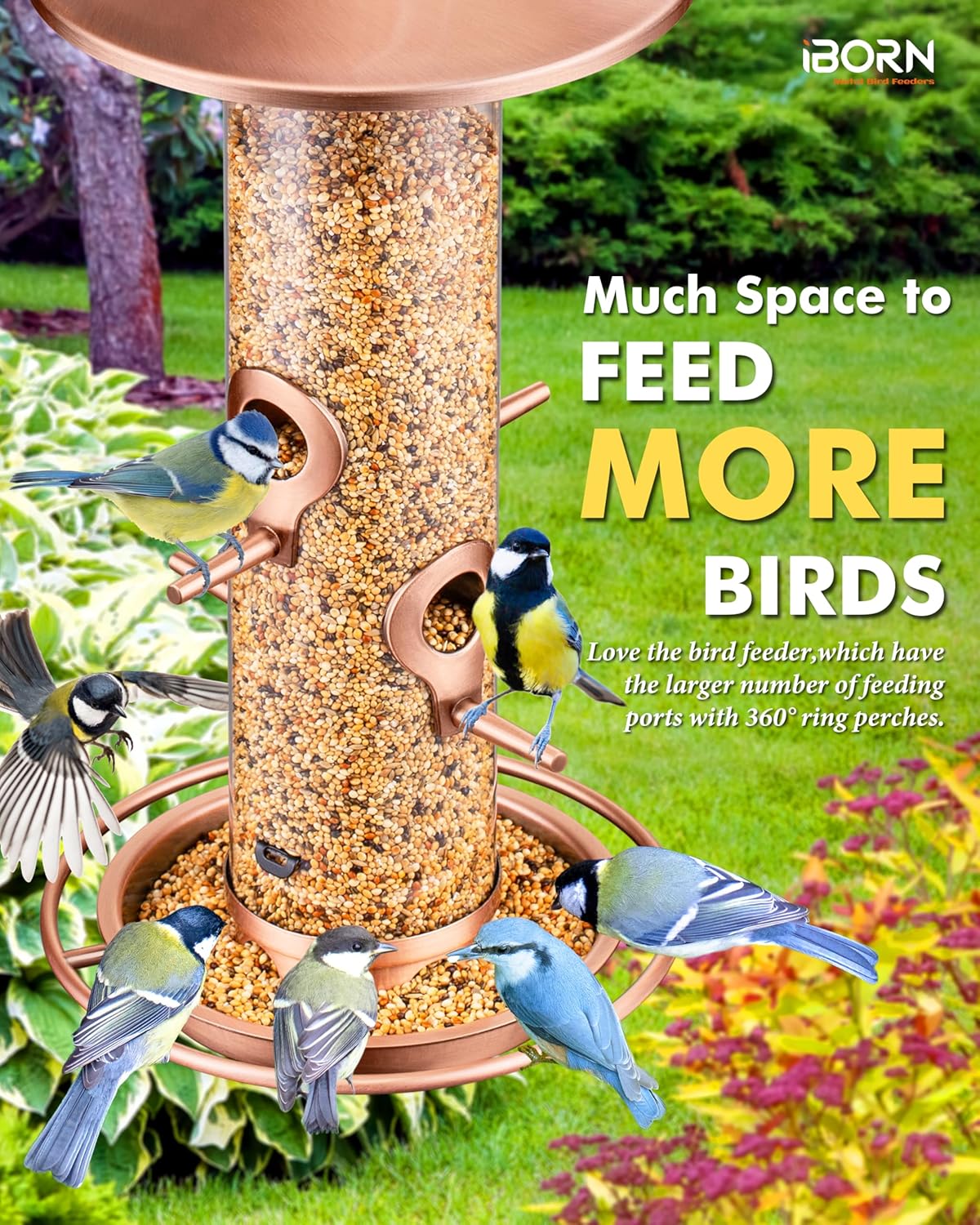 iBorn Bird Feeders for Outdoors, 2LB Metal Bird Feeders 17cm Large Roof &Tray, 4 Feeding Ports, Brushed Copper Finishing