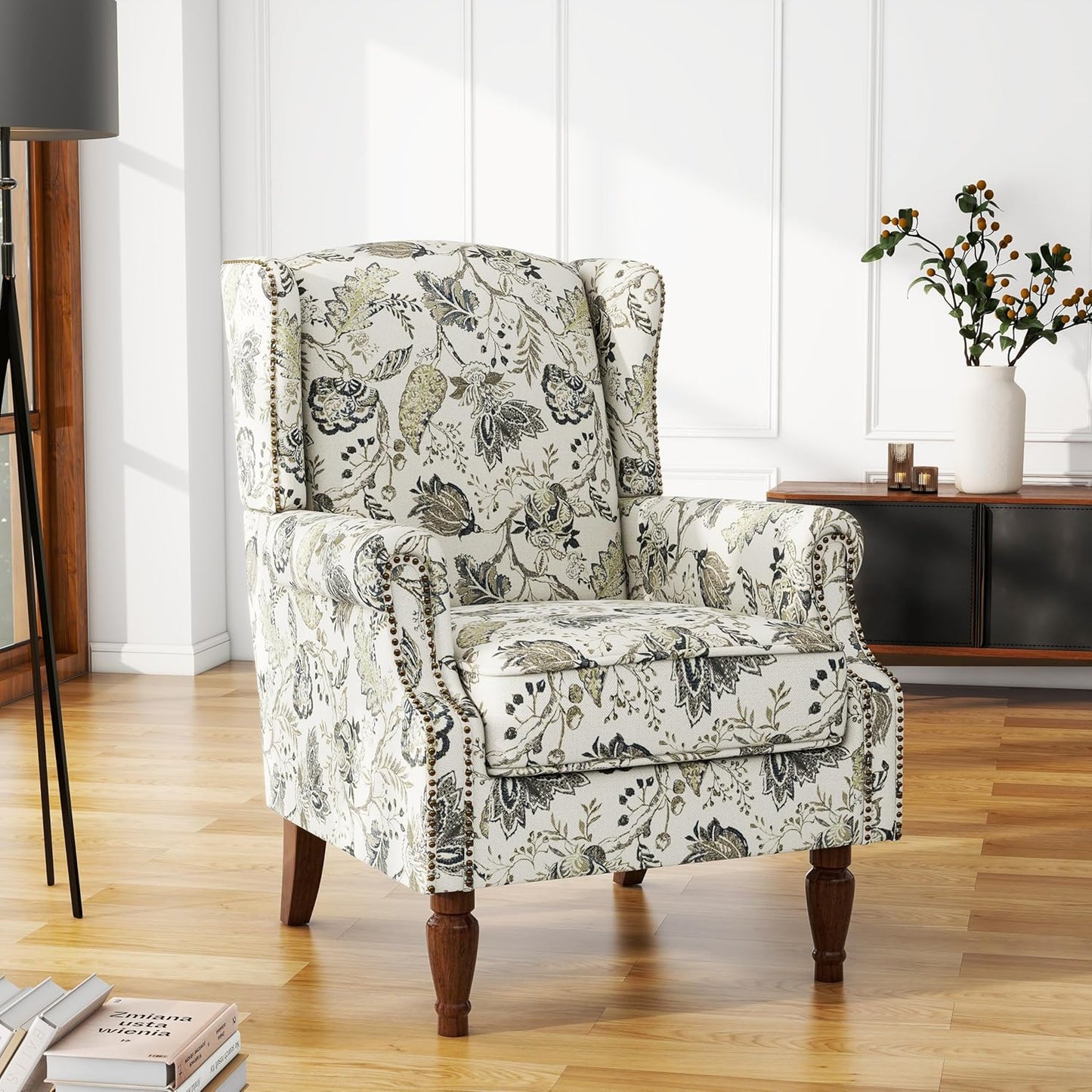 UIXE High Back Floral Accent Chairs Set of 2, Upholstered Armchair in Fabric, Retro Printed Wingback Arm Chair for Living Room, Nailhead Trim Single Sofa Bedroom Reading Seat - Plants Beige