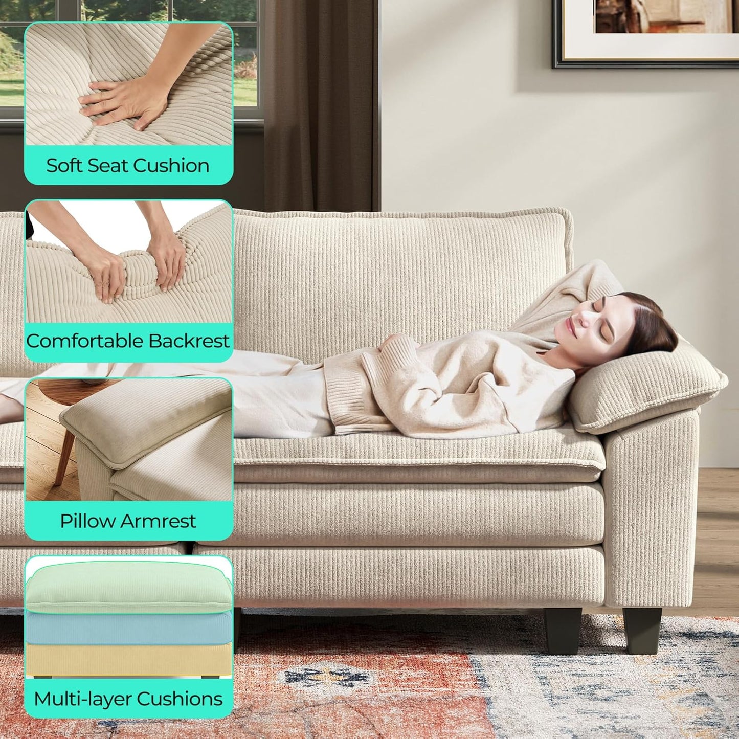 LINSY HOME Modular Sectional Sofa - 123'' Oversized Sleeper Sofa Cloud Couch Corduroy Sofa Bed with Movable Ottoman Soft Modern Comfy Couch for Living Room Apartment Office, Beige