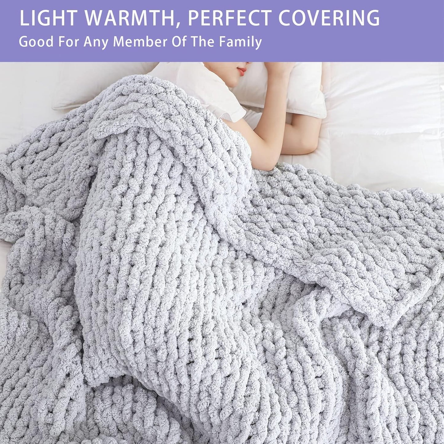 Bigacogo Chunky Knit Throw Blanket for Couch, 51x63 inches, 100% Hand Knitted with Thick Jumbo Chenille Yarn, Cozy Soft Large Rope Knot Cable Crochet Blankets for Sofa Bed Living Room, Light Grey