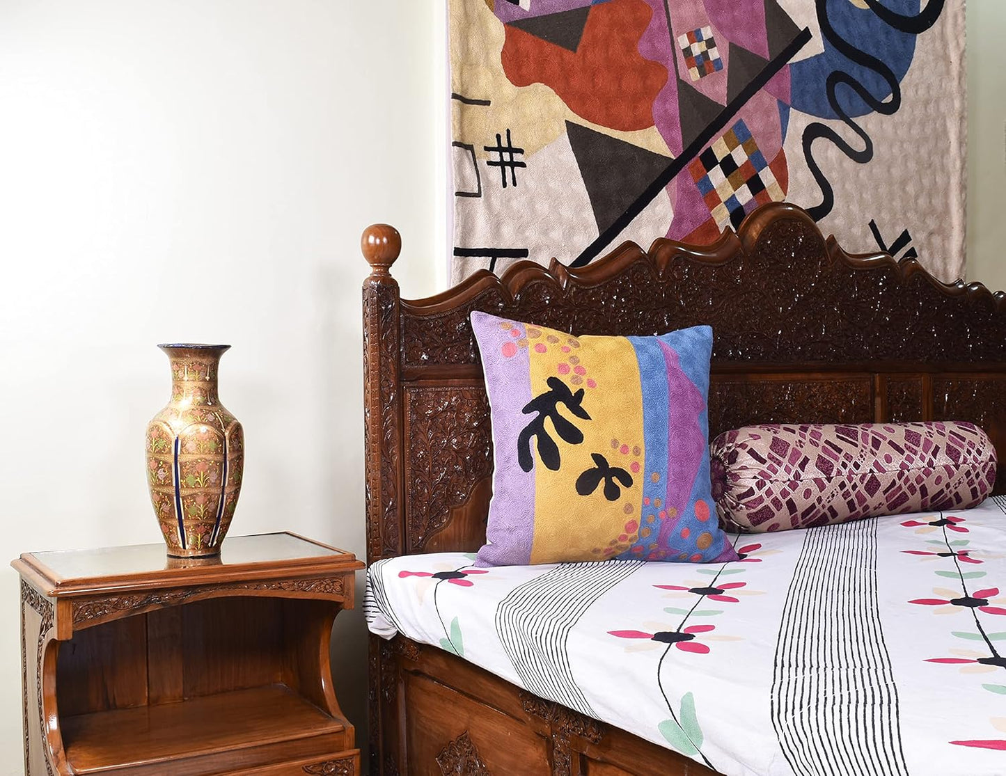 Matisse Gold Pillow Cover Purple Modern Pillowscase Chair Cushion Abstract Farmhouse Flower Outdoor Mid Century Hand Embroidered Wool Size 18x18