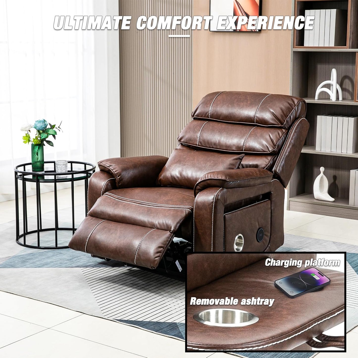 Lazy Boy Recliner Chair with Heating, Power Lift Recliner Chair for Elderly with Folding Tablet, Lay Flat Recliner with Dual Motor Adjustable Backrest and Leg Rests, Leather Brown1, RXX-028