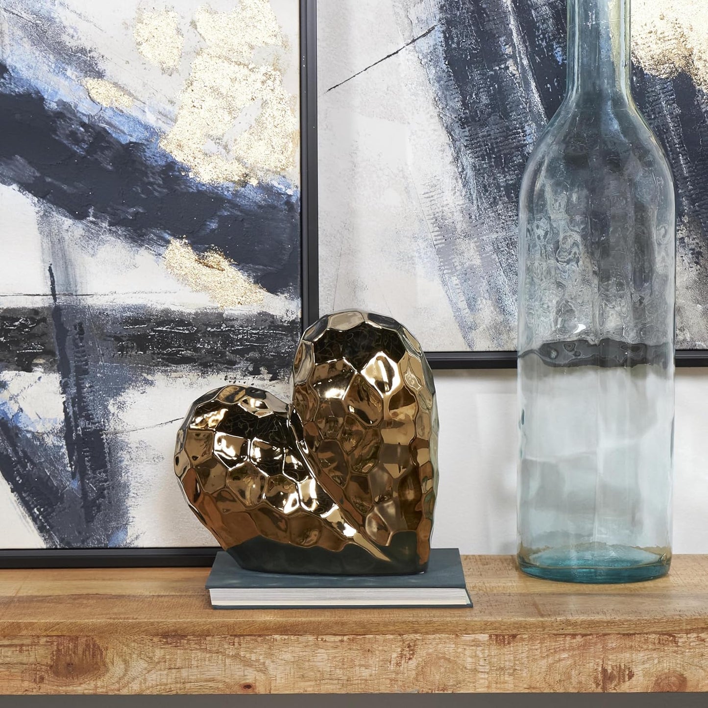 Deco 79 Ceramic Heart Decorative Sculpture Dimensional Angled Origami Inspired Home Decor Statue with Faceted Exterior, Accent Figurine 12" x 6" x 11", Rose Gold