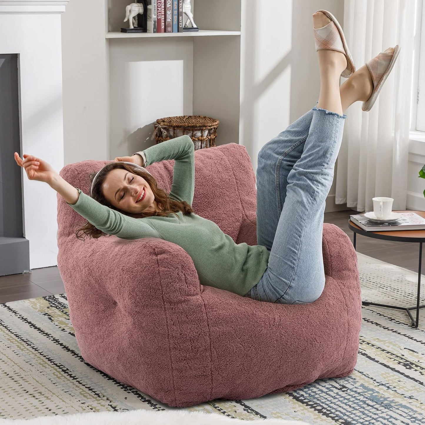 Recaceik Large Bean Bag Chairs, Tufted Soft Stuffed Bean Bag Chair with Filler, Fluffy Lazy Sofa, Imperial Lounger Giant Bean Bag Chair for Bedroom, Living Room, Rufous