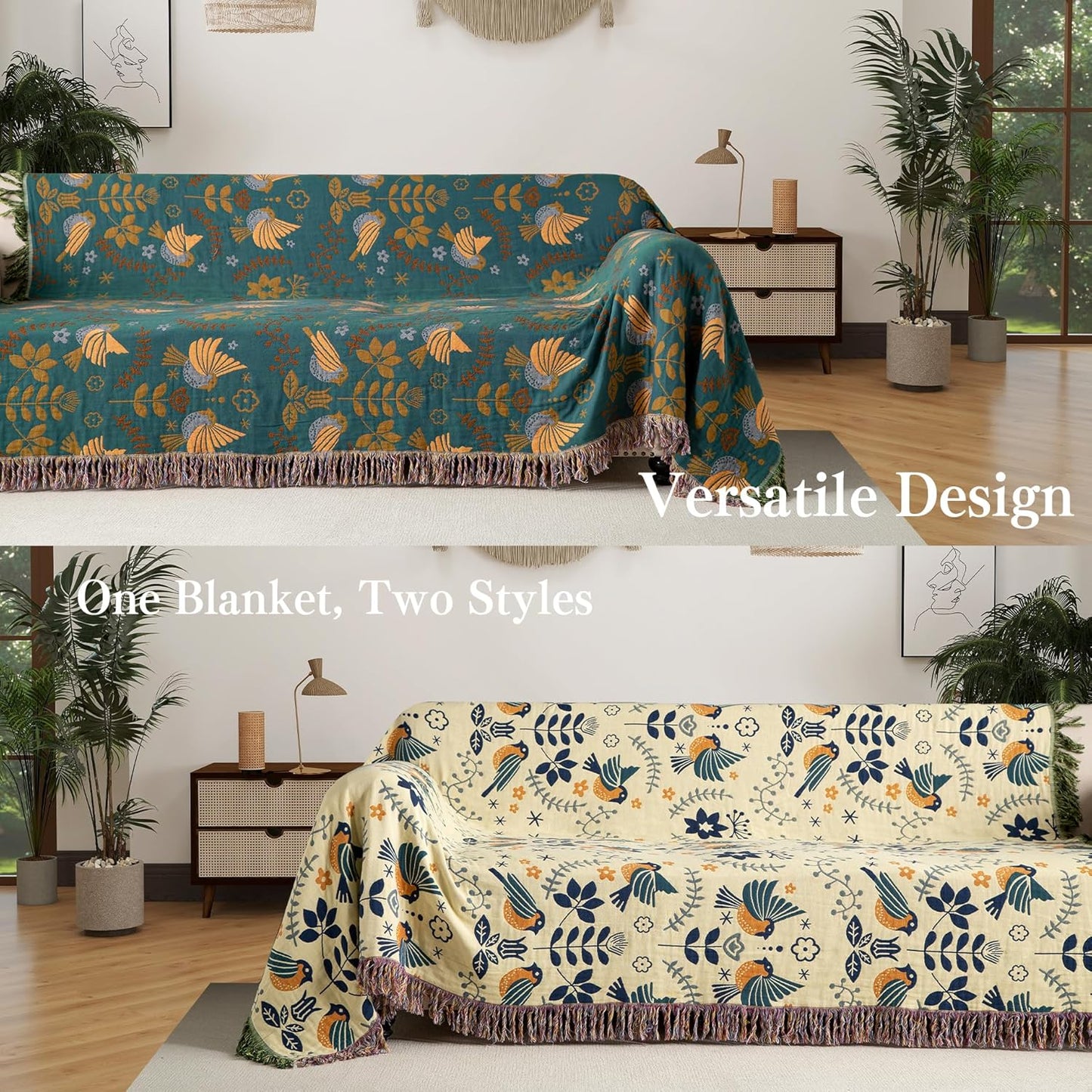 Boho Throw Blanket Full Size, Extra Large Soft Cozy Cotton Muslin Quilt Blanket for Bed Decor, Bird Patterned Couch Sofa Chair Cover, Vintage Farmhouse Cottage Woven Blanket, Green&Beige