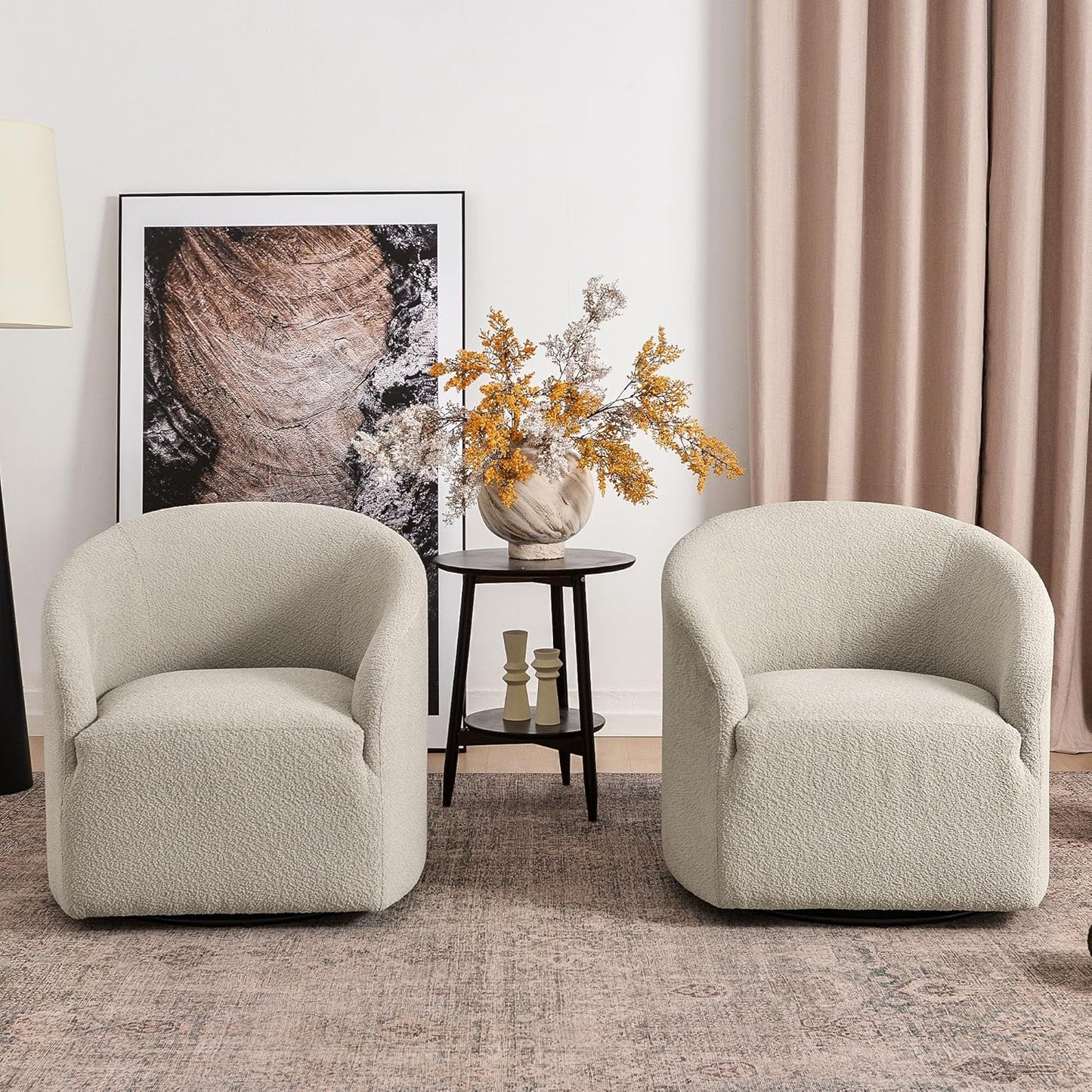 KINWELL 32" Wide Modern Boucle Swivel Barrel Chairs Set of 2, No Assembly Round Upholstered Swivel Accent Armchairs for Living Room, Bedroom (Oatmeal)