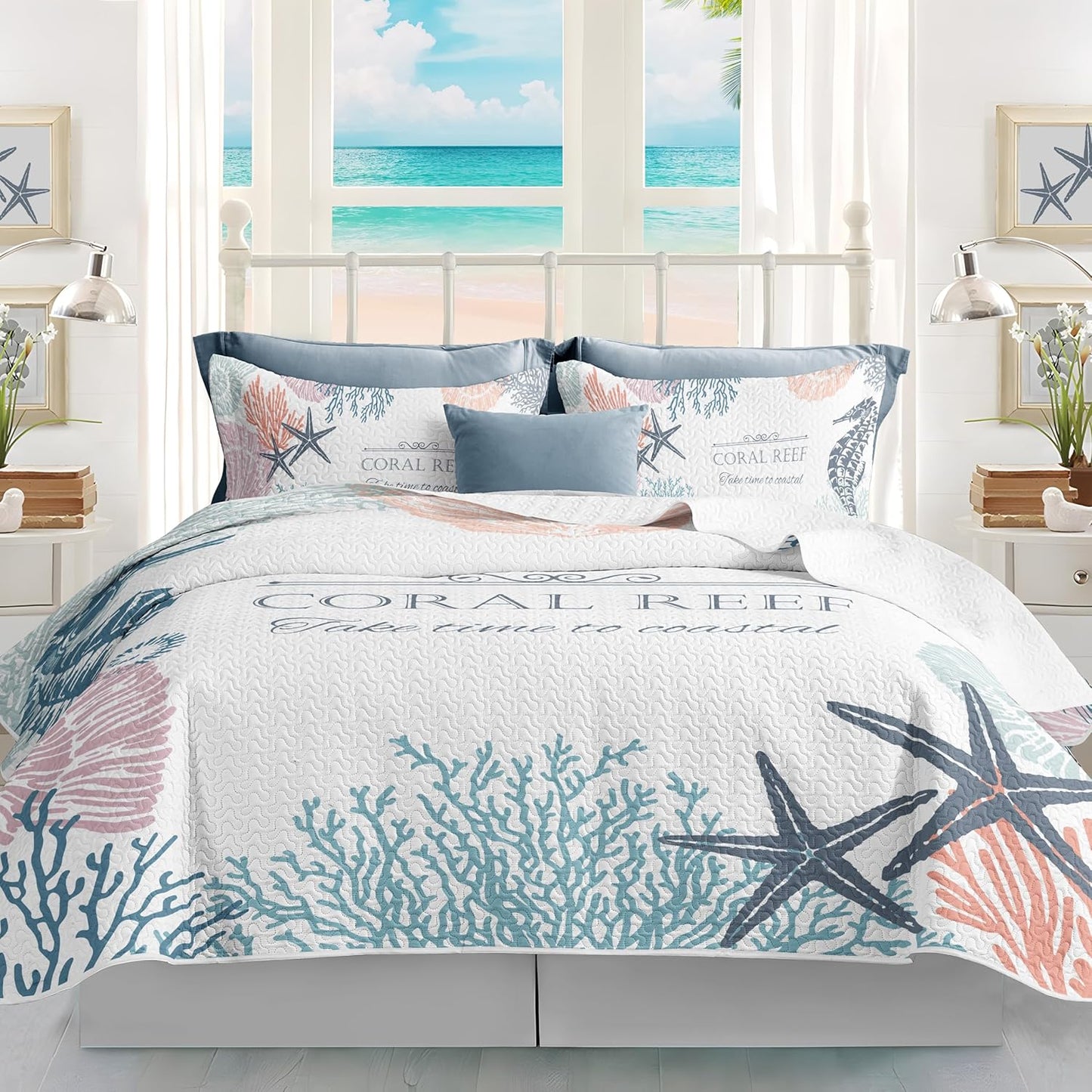 Coastal Bedding Queen Size with 2 Shams, Nautical Beach Comforter Sets Ocean Bedspreads Coastal Coverlet Summer Bedding, 90''x96''