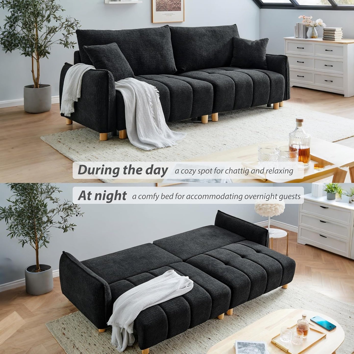 Convertible Sofa Bed, 90" Full Size Sleeper Sofa with Storage, Tufted Chenille 3 Seat Sofa Couches for Living Room, Small Spaces, Guest Room, Apartment, Black