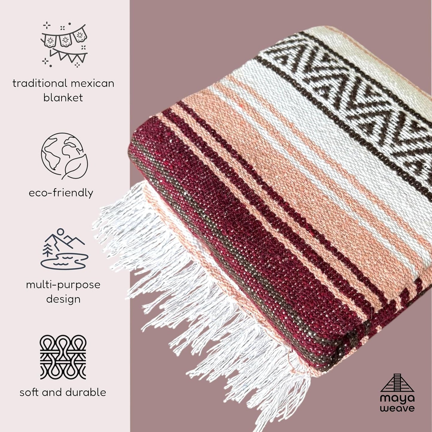 Traditional Handwoven Mexican Blanket, Large Falsa Serape - Soft & Durable Yoga Blanket - Vibrant Beach, Picnic & Camping Blanket - Lightweight Boho Throw 70"x50"