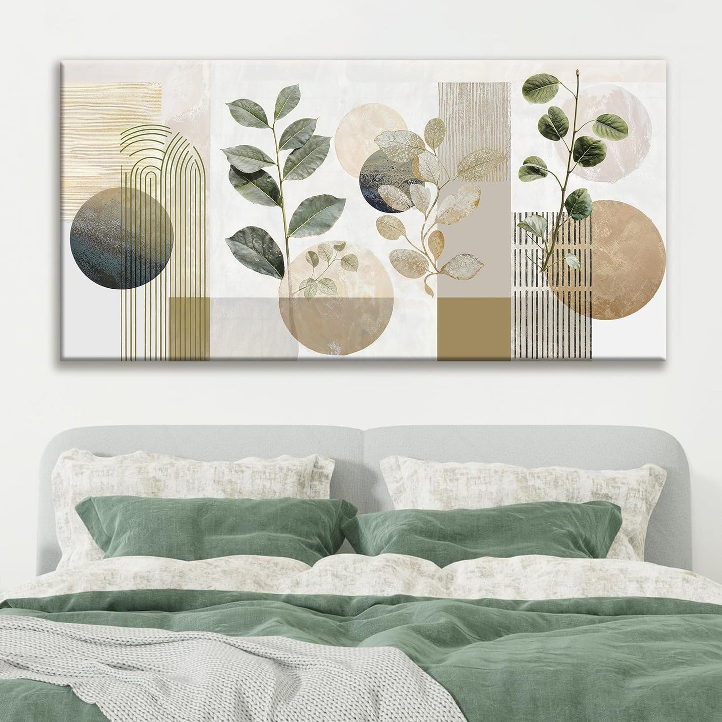 TAIJXAGSG Large Boho Green Wall Art For Living Room 29x58 In Green Botanical Boho Wall Art Modern Sage Bohemian Canvas Art Wall Decor Natural Abstract Geometry Lines Prints Picture Ready To Hang
