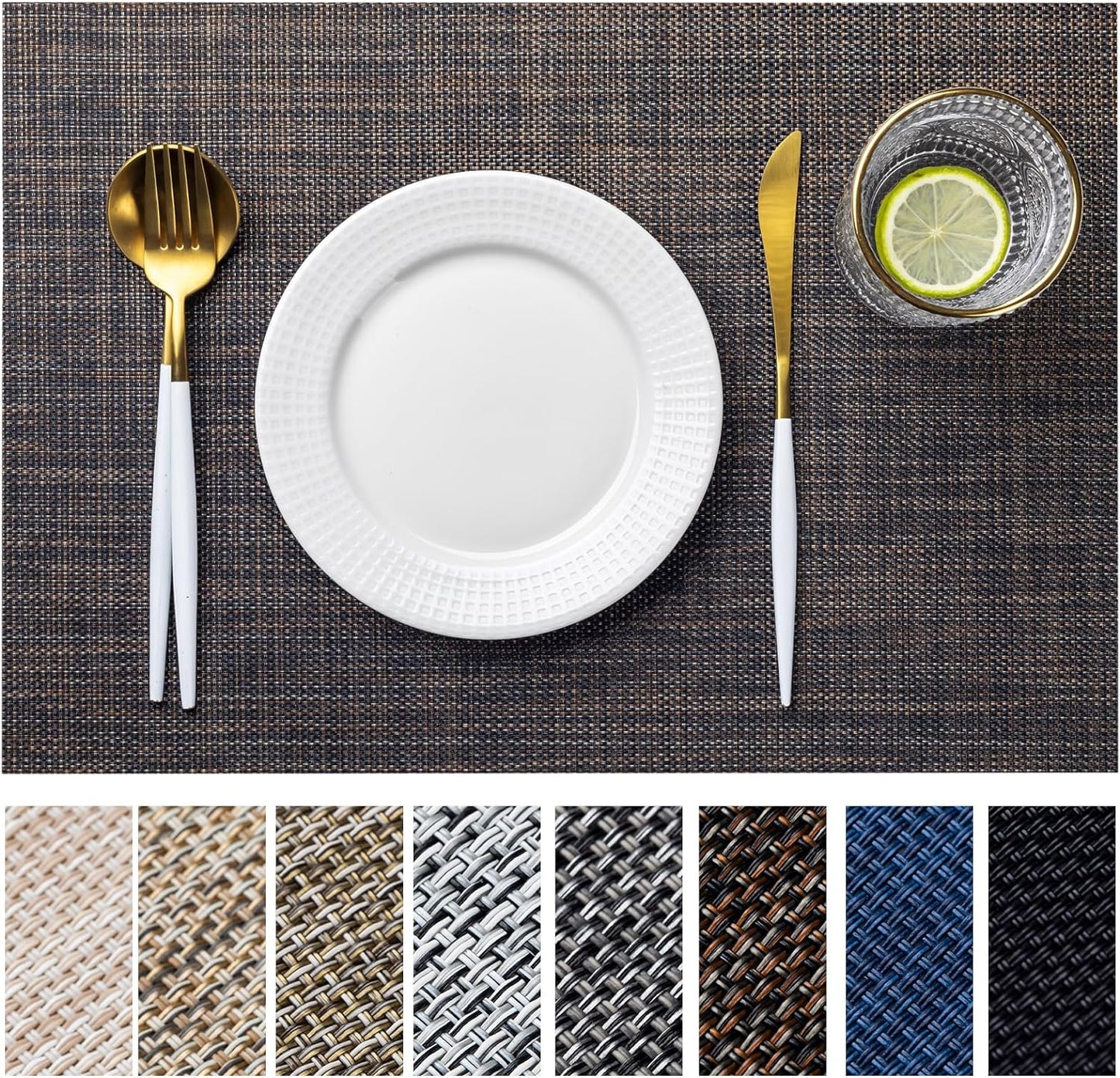 LEXMORE Placemats Set of 6 Vinyl/Plastic Woven Place Mats for Kitchen Table Indoor/Outdoor Washable Placemat Wipeable Dining Table Mats(Black/Brown)