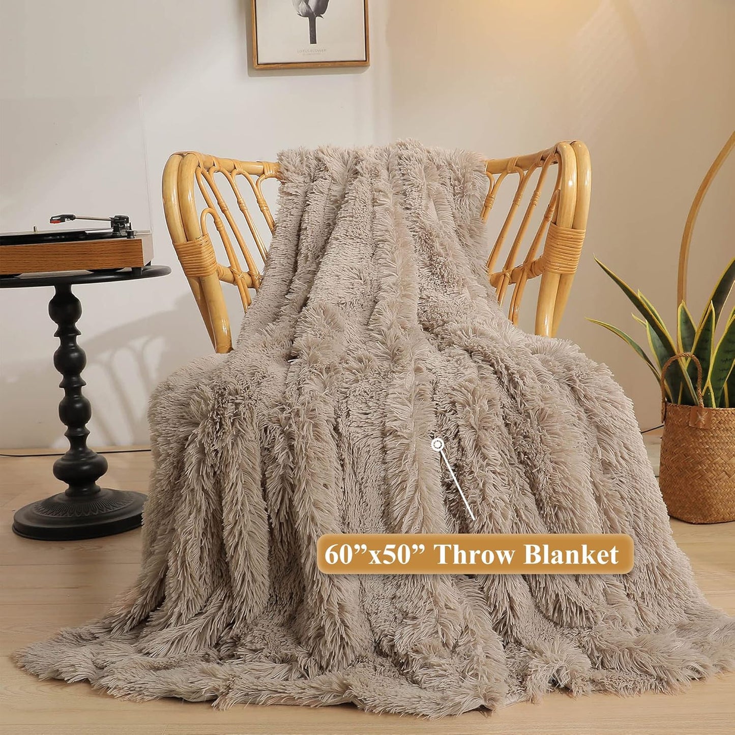 XeGe Luxury Faux Fur Throw, Soft 50x60 Fluffy Blanket, Shaggy Plush Decorative Couch Blanket, Winter Fall Cute Fuzzy Furry Lap Throw for Office Bedroom Living Room Khaki
