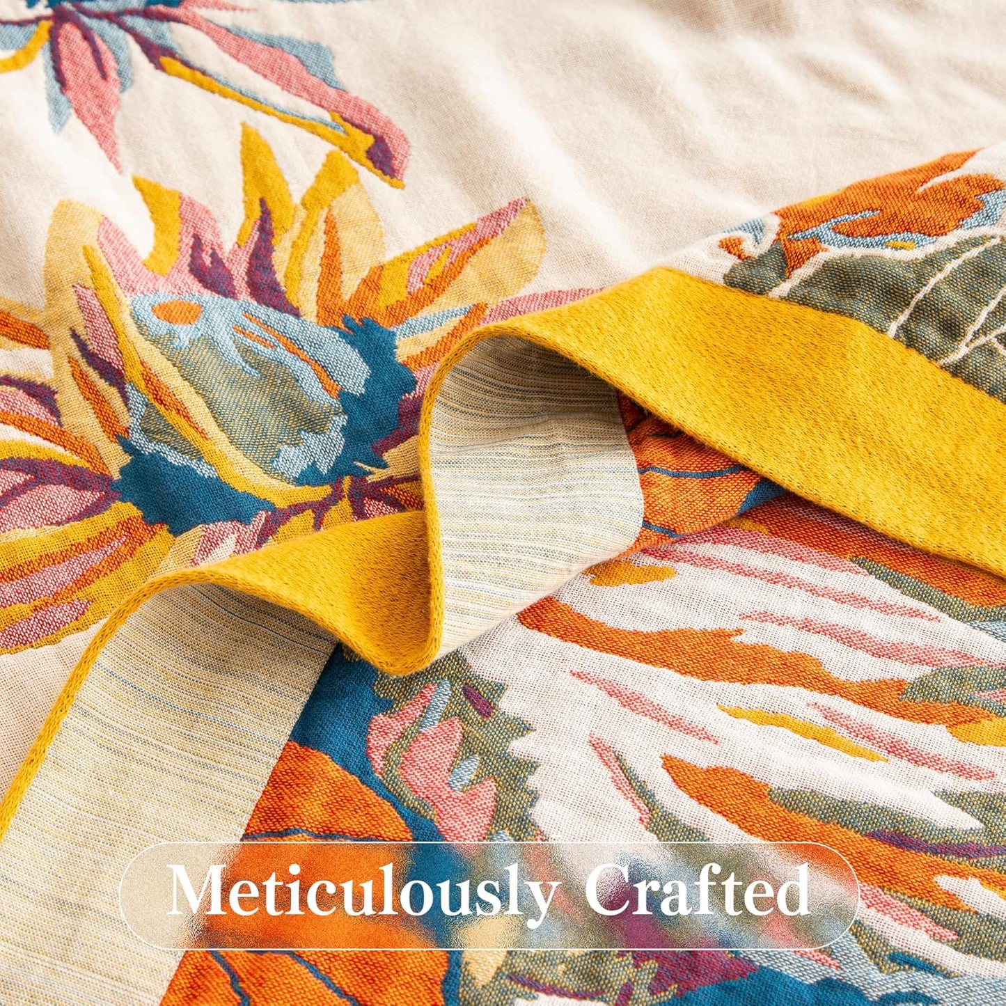 Boho Throw Blanket Full Size, Extra Large Soft Cozy Cotton Muslin Quilt Blanket for Bed Decor, Floral Patterned Couch Sofa Chair Cover, Vintage Farmhouse Cottage Woven Blanket, Yellow&Blue