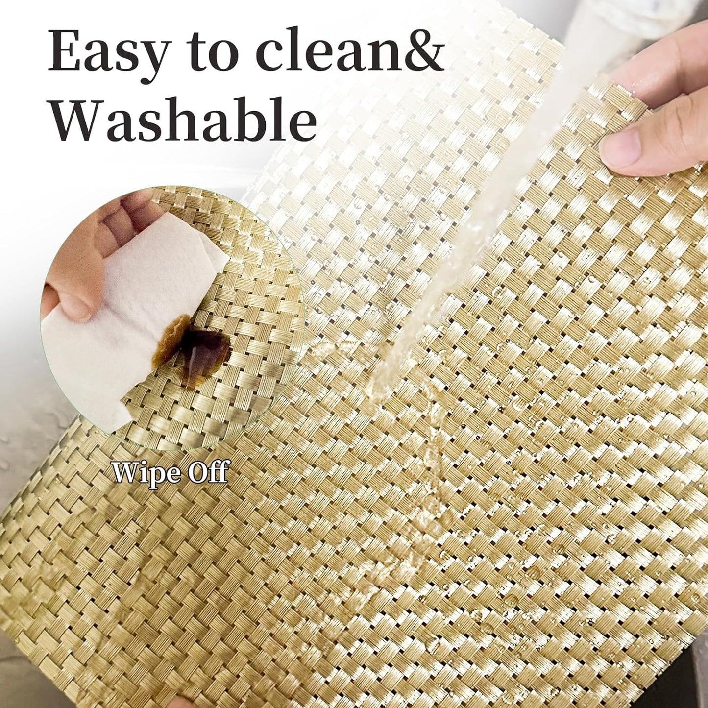 Vinyl Plastic Placemats Set of 6 Washable Heat Resistant Non-Slip Elegant Indoor Outdoor Kitchen Dining PVC Woven Table Place Mats (Gold Weaving)