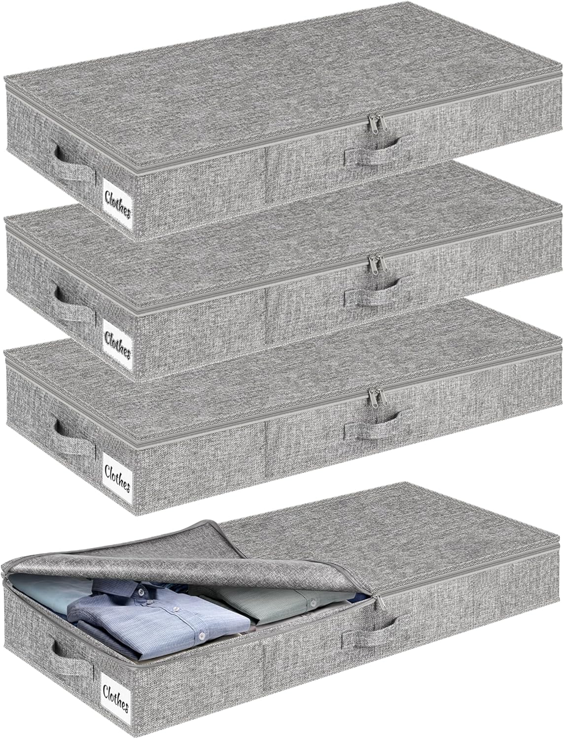 Under Bed Storage Container Bin 4 Pack, 4.5 Inch Slim Low Profile Underbed Clothes Storage Organizer for Dorm & Home, Use for Blanket and Toy Storage Box W/ Sturdy Bottom/Sides, Foldable Thick Fabric