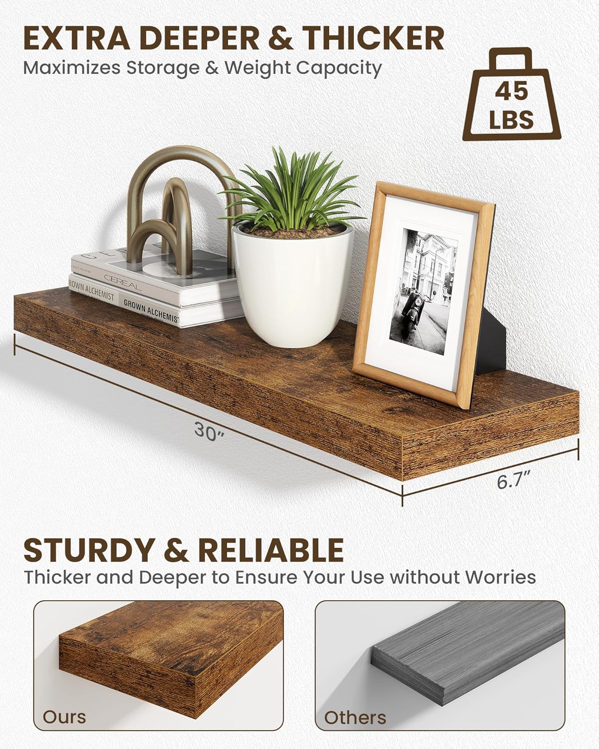 Marsmiles 30" Floating Shelves for Wall, Wooden Shelves with Invisible Brackets Set of 2, Rustic Farmhouse Wall Mounted Shelf for Kitchen Bathroom Living Room Study, Rustic Brown