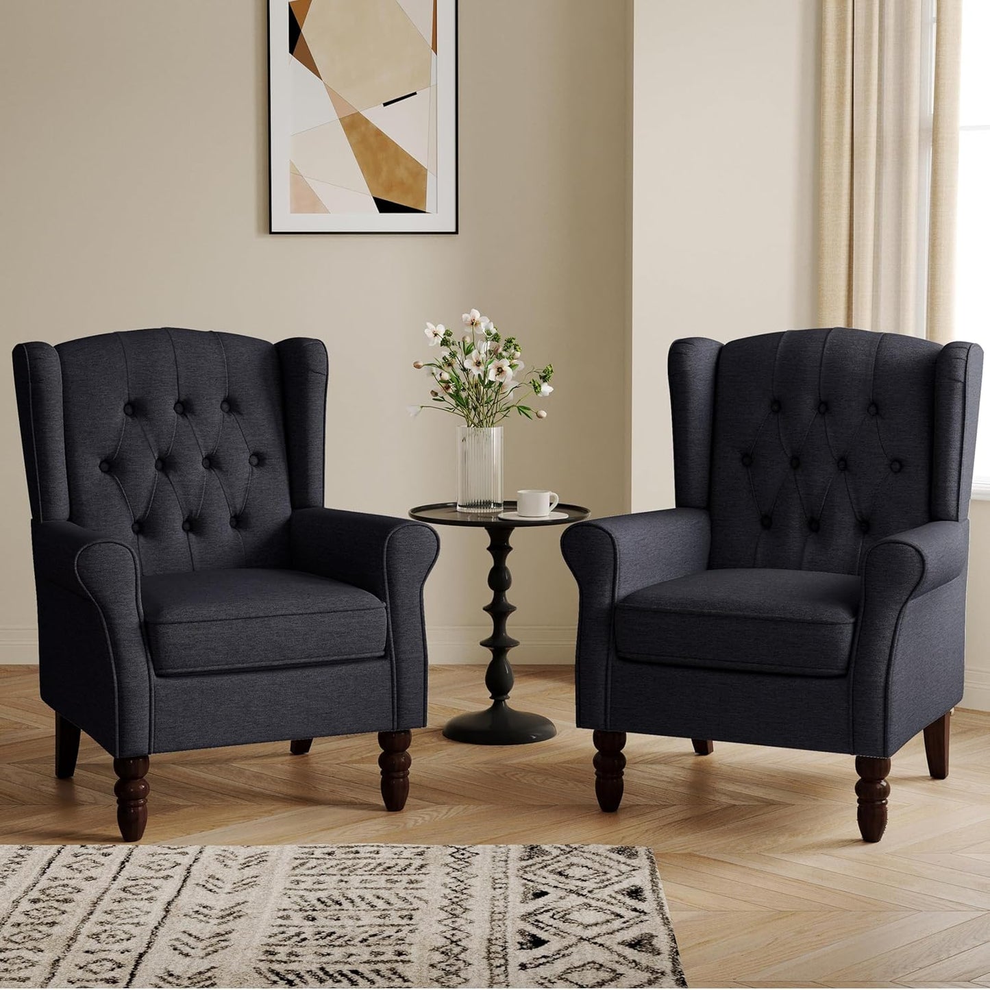 Lumibee High Back Accent Chair Set of 2,Upholstered Wingback Armchair with Solid Wood Legs for Small Spaces,Comfy Single Sofa Chair for Living Room,Bedroom,Office-Black Blue