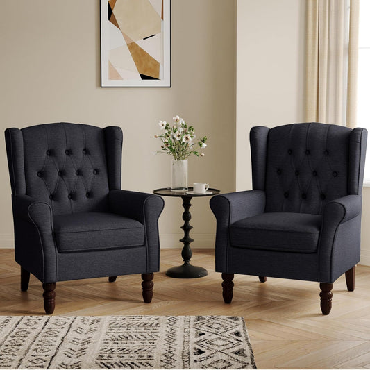Lumibee High Back Accent Chair Set of 2,Upholstered Wingback Armchair with Solid Wood Legs for Small Spaces,Comfy Single Sofa Chair for Living Room,Bedroom,Office-Black Blue