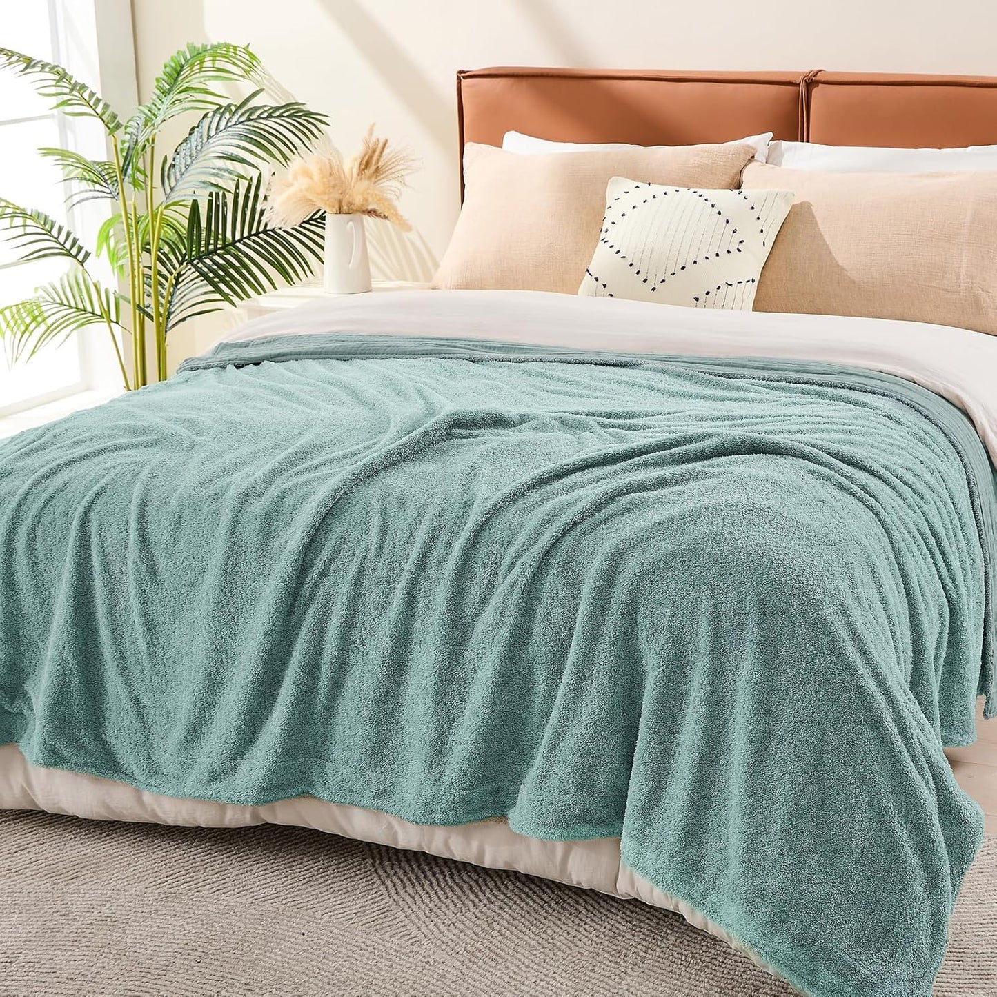 EMME Muslin and Fleece Queen Blanket Reversible - 80"*90" Teal Soft Warm Throw Blankets for Couch Bed Picnic Travel Bed