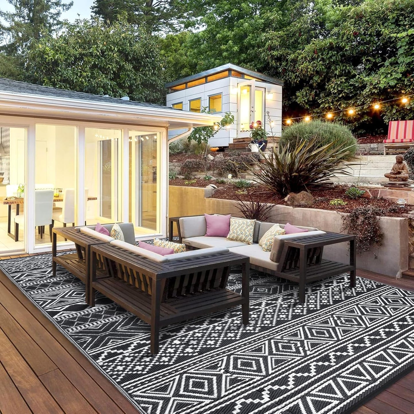 GAOMON Outdoor Plastic Straw Rug, 10'x20' Reversible Sage Green Patio Mat, Flower Modern Design for RV, Backyard, Deck, Camping, Picnic, Black/White(Bohemia)