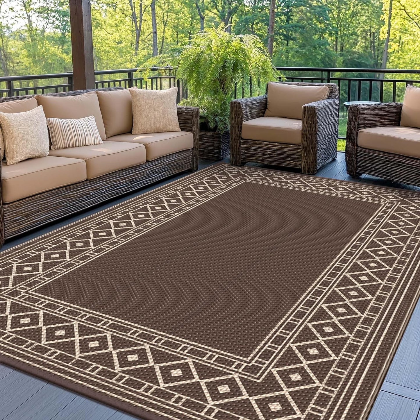 GENIMO Outdoor Rug Waterproof for Patio Decor, 5'x8' Reversible Plastic Straw Rug Carpet, Camping Mat for Outdoor, RV, Backyard, Deck, Balcony, Picnic, Beach, Coffee & Beige