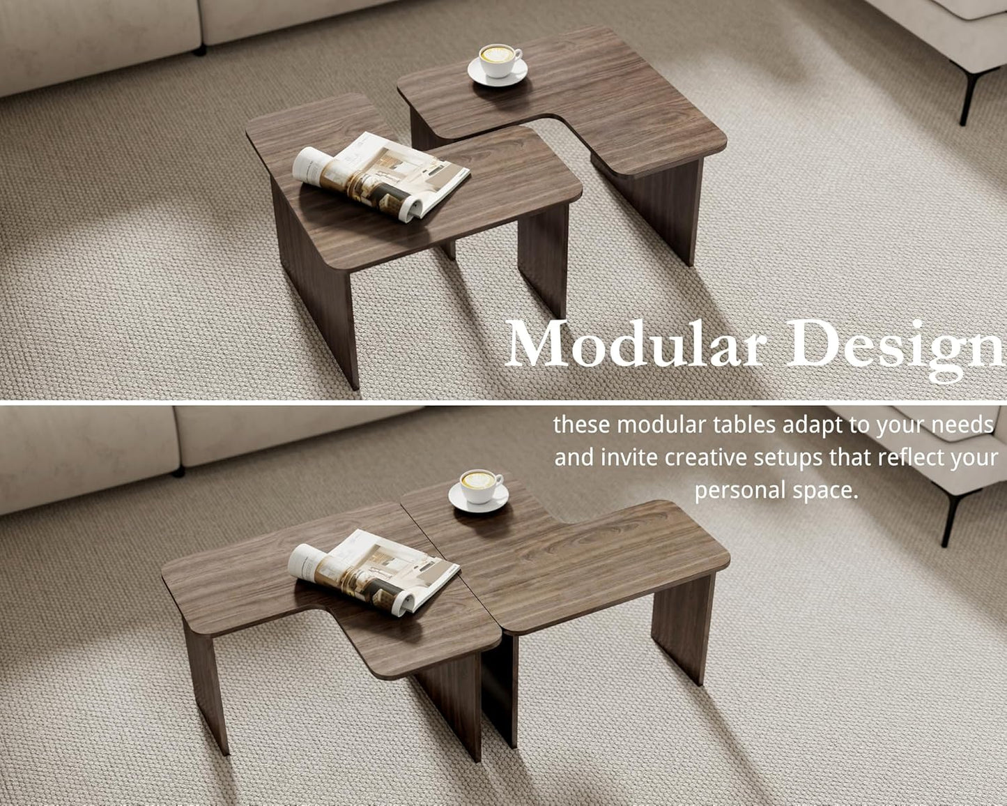 VESCASA Modern L Shaped Nesting Coffee Table Set of 2 Modular Rectangle Walnut Wood Table for Living Room