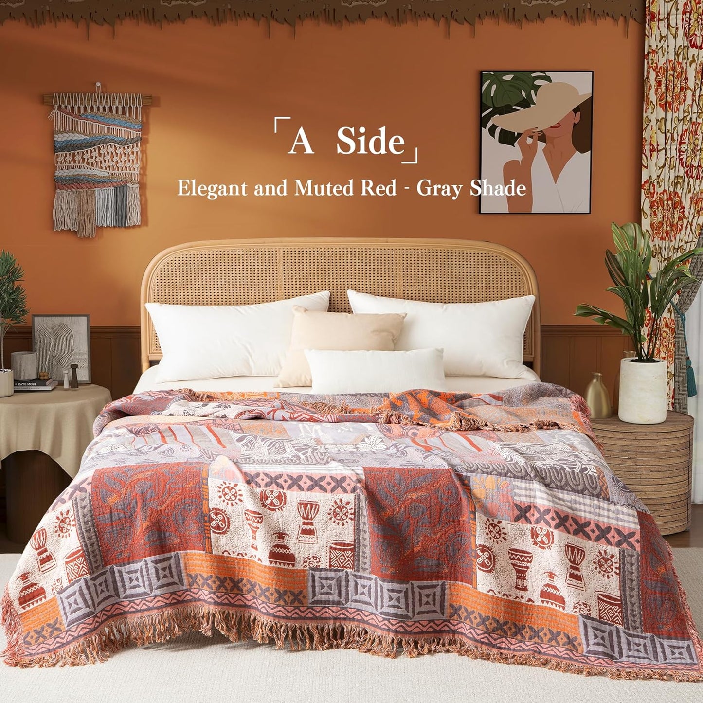 Boho Throw Blanket Twin Size, Soft Cozy Cotton Muslin Quilt Blanket for Bed Decor, Patchwork Block Couch Sofa Chair Cover, Vintage Farmhouse Cottage Tapestry Woven Blanket, Red&Orange