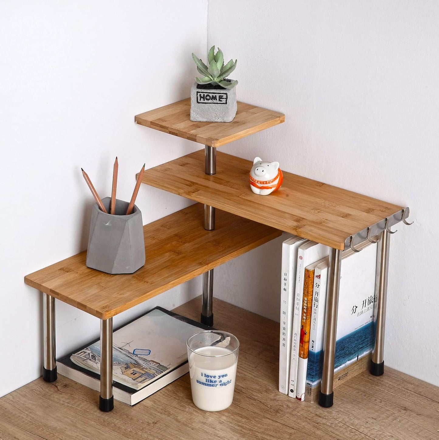 HYNAWIN Corner Shelf Bamboo & Metal Storage Spice Rack, 3 Tier Desk Bookshelf Display Shelves Space Saving Organizer, Adjustable Rack for Kitchen, Bed Room, Office-Best Home Décor (Upgraded Shelf)