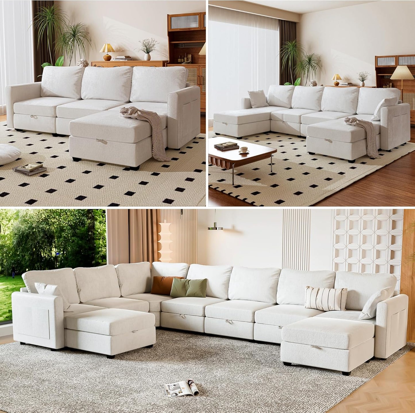 mestyl Modular Sectional Sofa Convertible U Shaped Sofa Couch Set with Storage for Living Room, Modern 3 Seater Modular Sectional Couch with 2 Movable Ottoman (Beige)