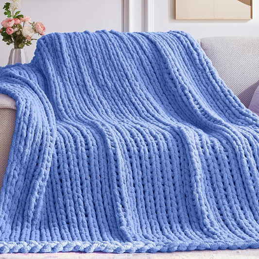Chunky Knit Throw Blanket, 40''*50'' Knitted Throw Chenille Yarn for Bed Couch, Handmade Light Blue Crochet Big Thick Blanket, Machine Washable Cute Comfy Blanket for Home Decor
