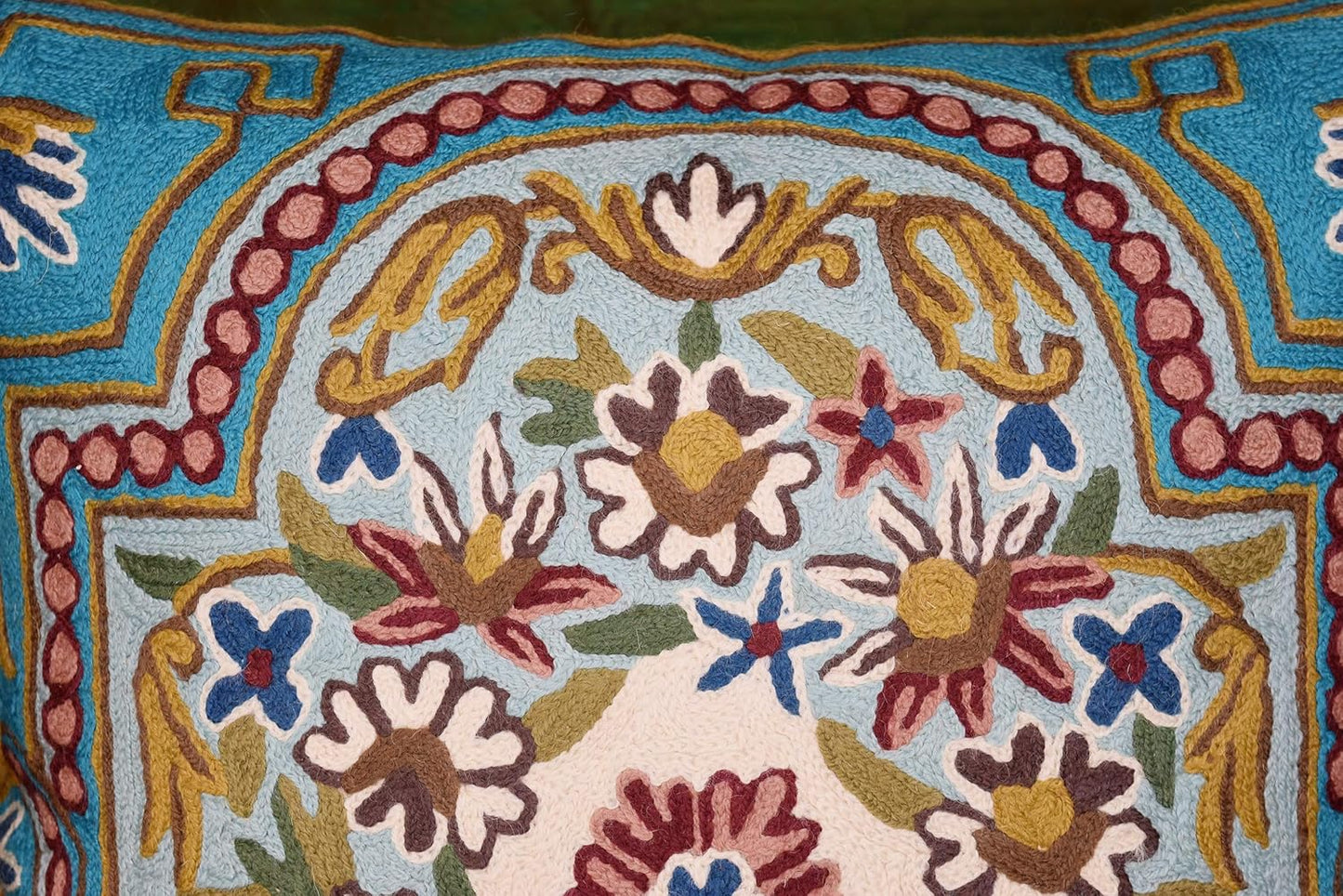 Turquoise Floral Pillow Cover Traditional Blue Flower Pillowcase Traditional Outdoor Cushion Suzani Flower Throw Florals Chair Farmhouse Hand Embroidered Cushions Wool 18x18 Inch