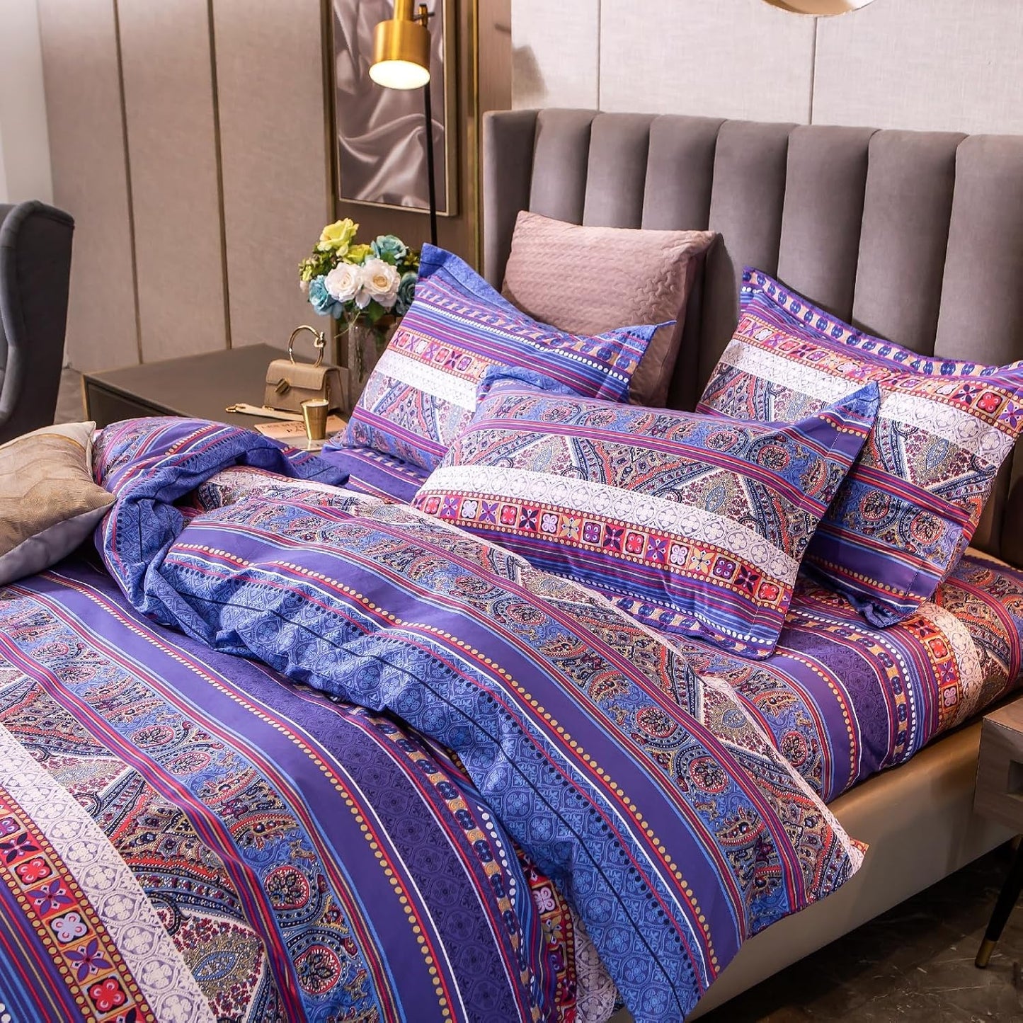 ABREEZE Bohemian Vintage Cal.King Size Floral Cotton Bedding Set 3Pcs Duvet Cover Set Boho Purple Paisley 100% Egyptian Brushed Cotton Reversible Home Bedding Collection