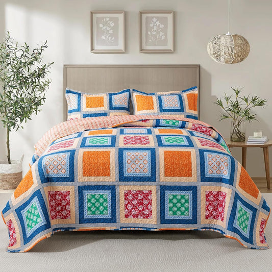 NEWLAKE Quilt Bedspread Sets - Bohemian Farmhouse Pattern Reversible Coverlet Set, Queen Size