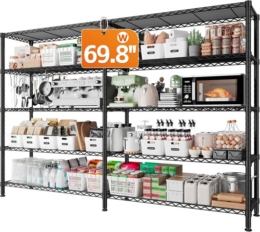 REIBII 1600LBS Storage Shelves Metal Shelving 5 Tier Wire Shelving Unit, 69.8" W Pantry Shelves Kitchen Shelves Adjustable Wire Shelf for Garage Storage Shelves, 69.8" Wx15.8 Dx72.4 H, Black