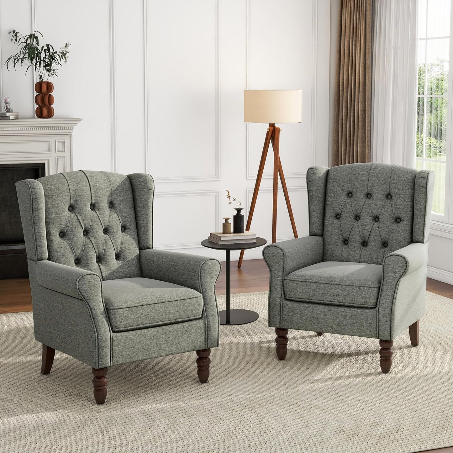 UIXE High Back Accent Chairs Set of 2, Upholstered Armchair in Fabric, Retro Wingback Arm Chair for Living Room, Comfy Single Sofa Bedroom Reading Seat with Solid Wood Legs - Dark Gray