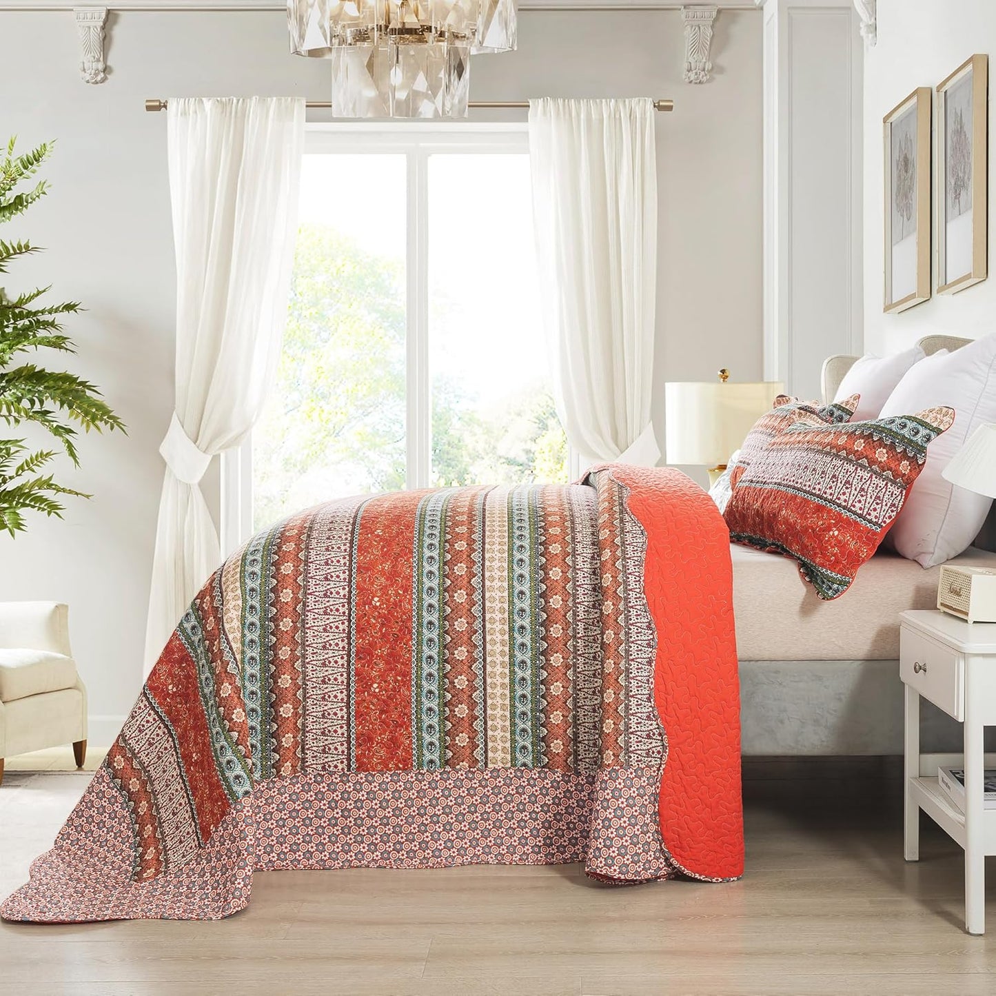 NEWLAKE Cotton Bedspread Quilt Sets - Reversible Patchwork Coverlet Set, Red Striped Jacquard Pattern, California King Size