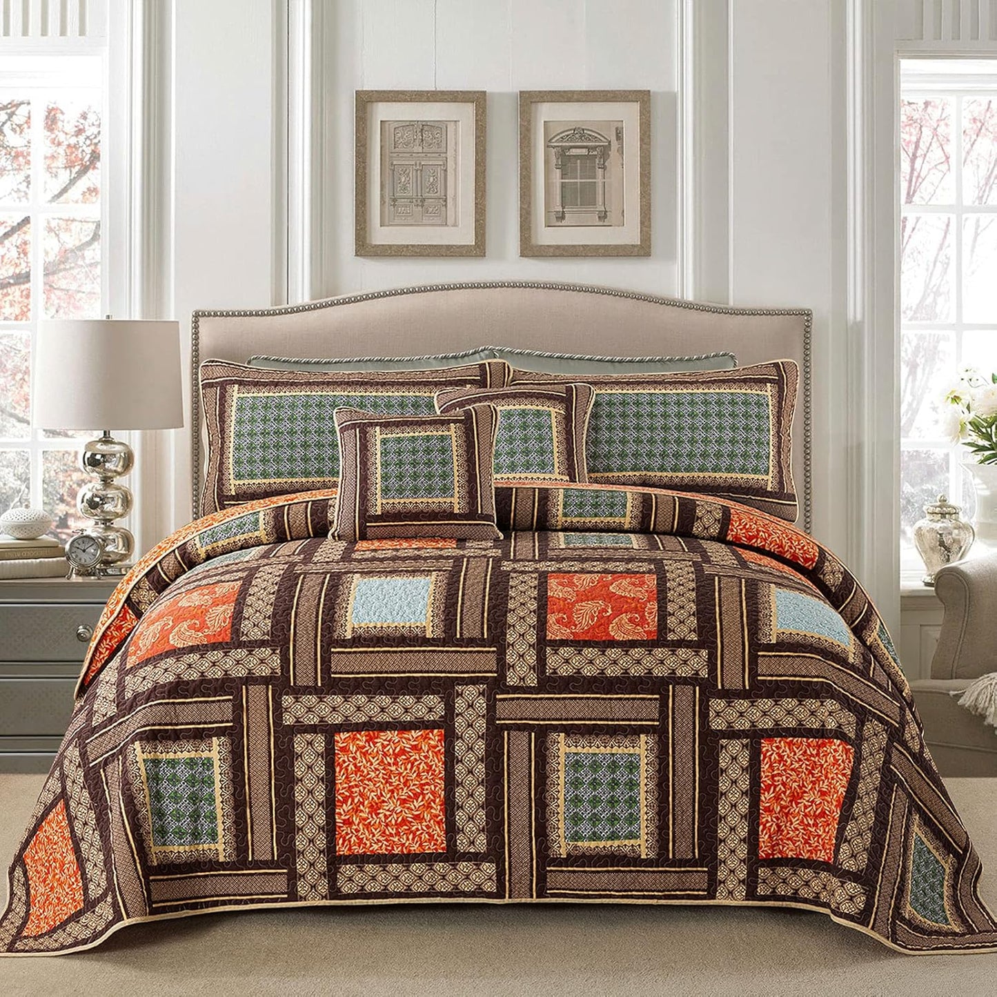 NEWLAKE Cotton Patchwork Bedspread, 3-Piece Bedding Quilt Set with Real Stitched Embroidery, Reversible Matelasse Bed Coverlet Set,Bohemian Farmhouse,King Size