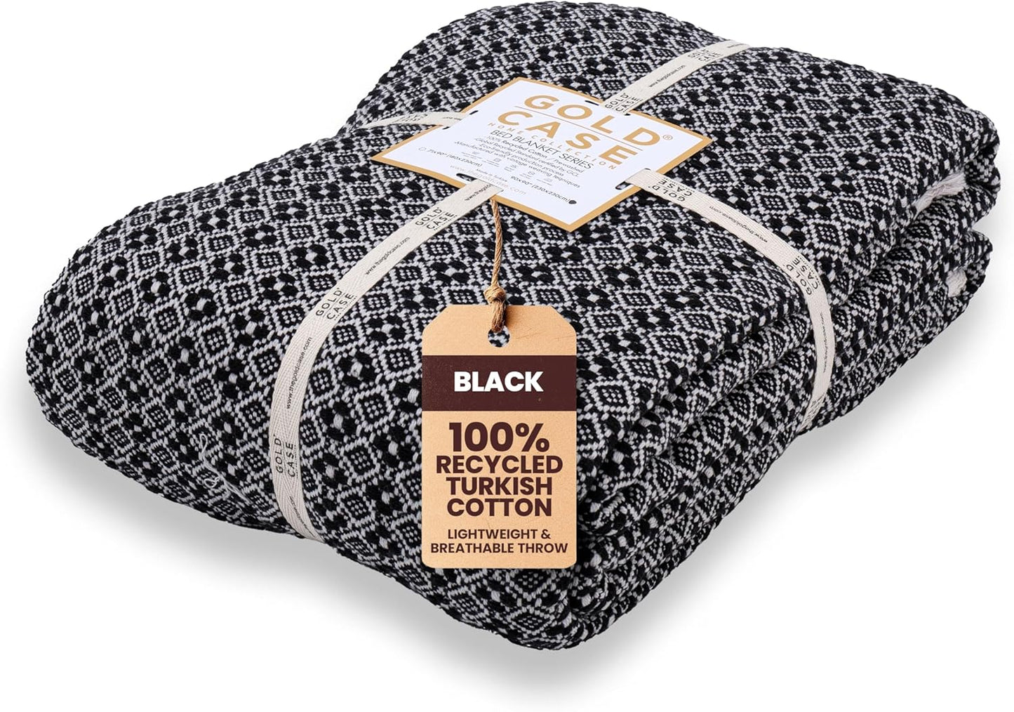 Gold Case Throw Blanket for Bed – 100% Recycled Turkish Cotton Bed Blanket – Decorative Throw Cotton Blankets for Living Room & Bedroom – Woven Twin Blankets - 71x90 - Black
