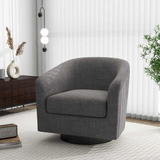 Swivel Barrel Accent Chair, Modern Round Linen Arm Chair for Living Room, Bedroom, Comfy Club Reading Chairs for Adults（Linen Fabric, Grey, Set of 1
