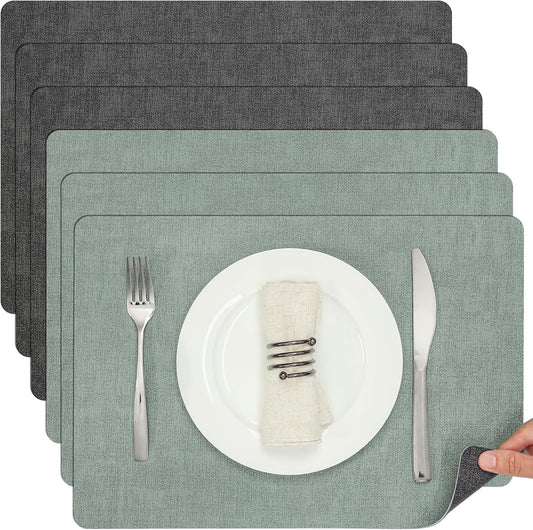Myir JUN Placemats Dual Sided, Faux Leather Place Mats Set of 6 Indoor for Dining Table Non-Slip Washable Wipeable Heat Resistant Outdoor Table Mats (Gray Sage Green, Set of 6)