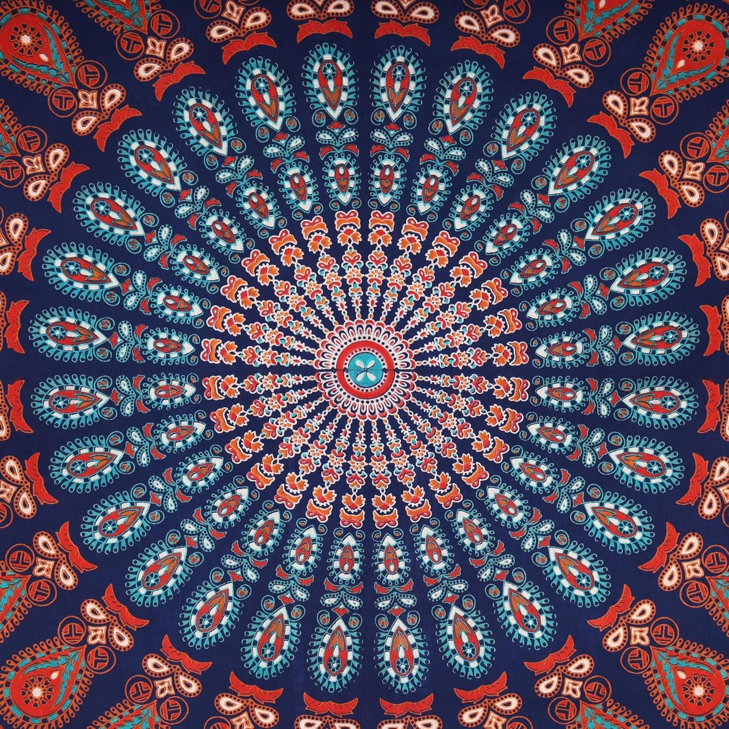 Bless International Handmade Indian hippie Bohemian Psychedelic Peacock Mandala Wall hanging College Dorm Beach Throws Table Cloth Bedding Tapestry (Golden Blue White, Queen(84x90Inches)(215x230Cms))