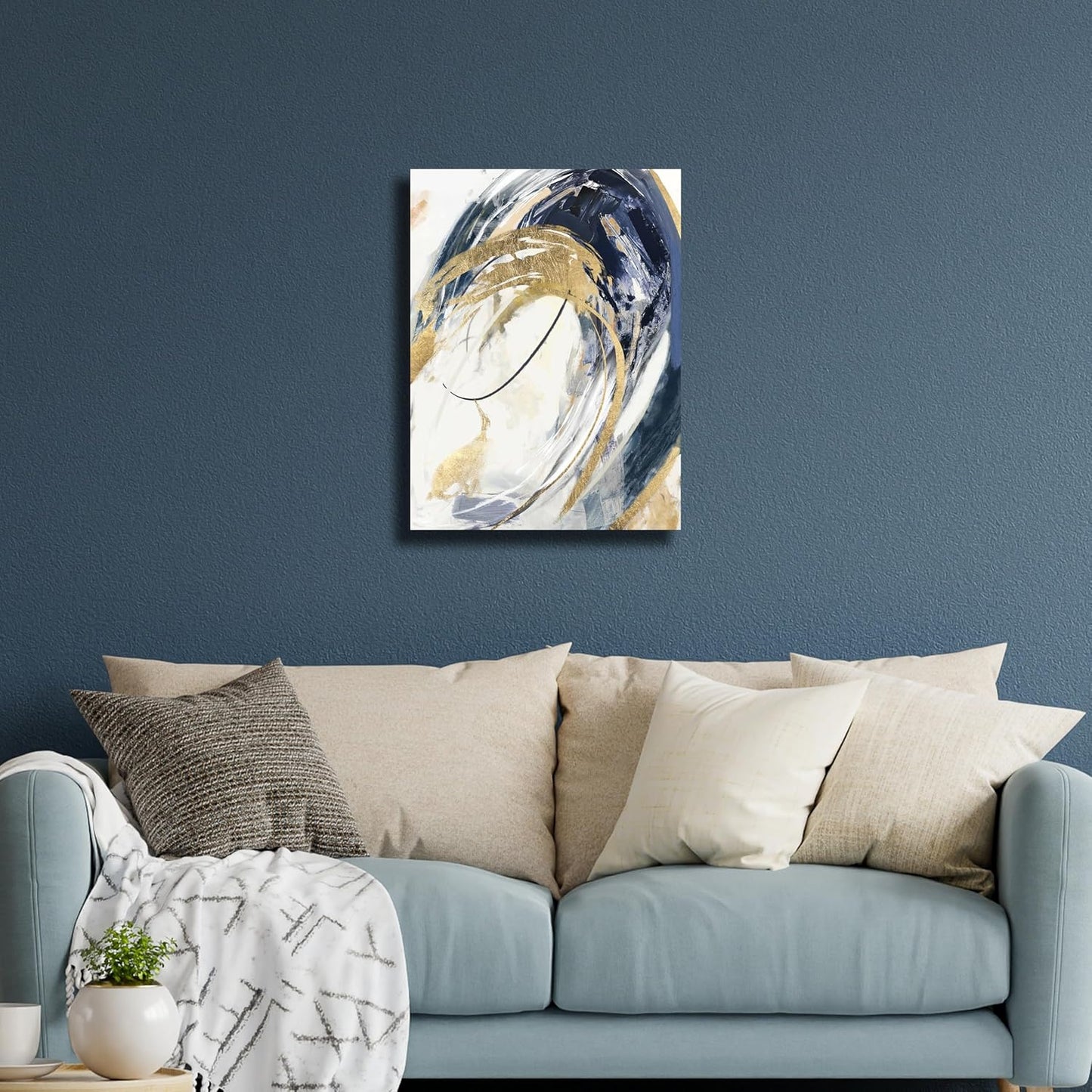 Belmrxne Abstract Art Blue and Gold Wall Art Modern Artwork Hanging Canvas Painting for Living Room Bedroom Dining Room Office Home Decor 12x16 inch